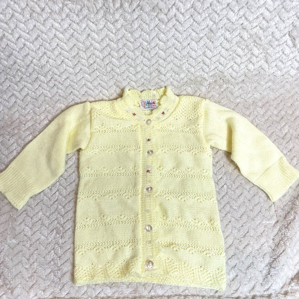 Vintage Heidi Baby Cardigan | Yellow Knit Sweater with Rose Embroidery | Infant‎